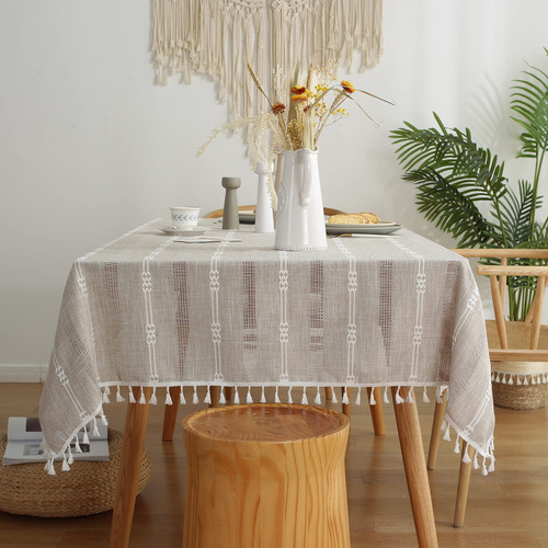 Gernaice Mantel Bordado De Rayas Rústicas Con Borlas Pesadas