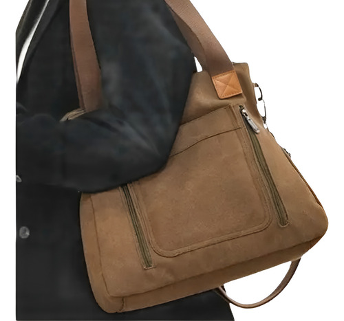 Bolsa Feminina Transversal Ombro Em Lona Youcan Acambamento Dos Ferragens Níquel Cor Marrom Correia De Ombro Bege Desenho Do Tecido Liso