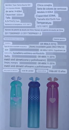 Termo Botella Líquido Doble Fondo Acero Inox 320ml Conejita