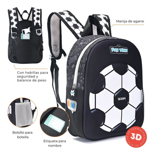 Mochila Infantil Skora Fun Team Diseño Deportivo Con Espalda Color Negro Diseño De La Tela Fútbol