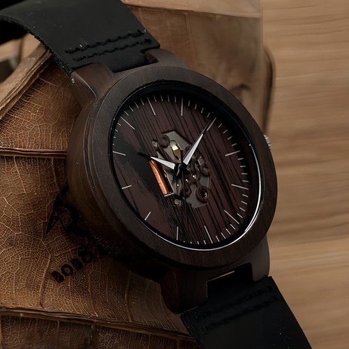 Reloj unisex Bobo Bird H30, madera, analógico, color de la correa: negro, color del bisel, ébano, color de fondo, diseño