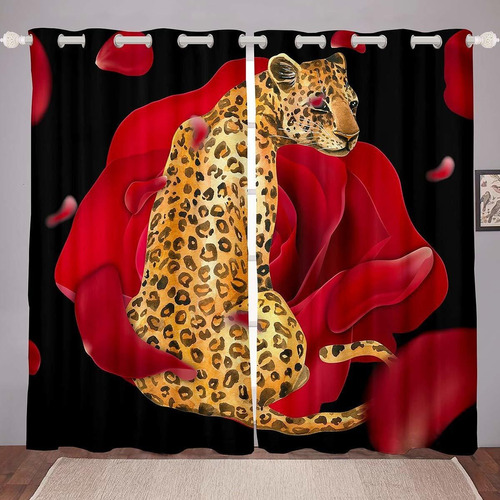 Leopard Curtain Leopard Print Window Drapes Rose Flower...
