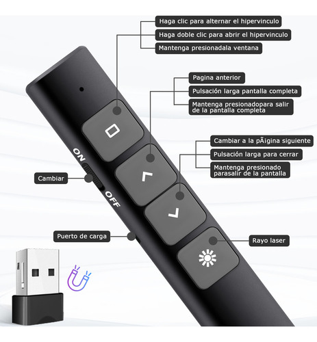 Apuntador Presentador Láser Inalámbric Remoto Usb Recargable Color Negro