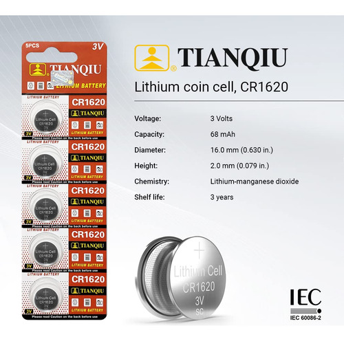 Tianqiu Cr1620 - Pilas De Litio (3 V, 5 Pilas)