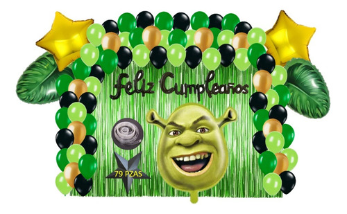 Kit Decoracion Fiesta Cumpleaños Globos Metalicos Shrek 79pz