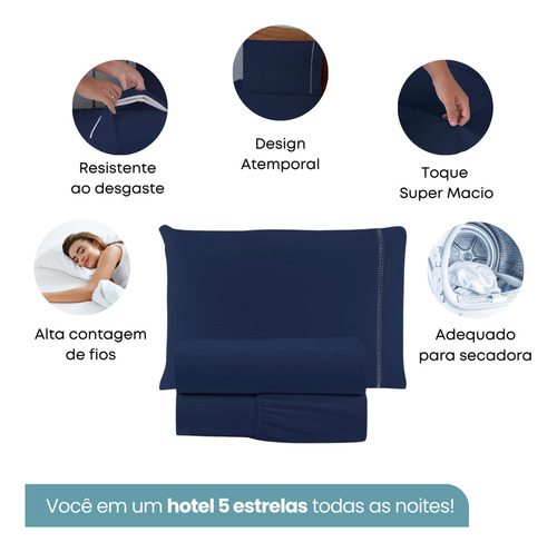 Jogo De Cama 4 Peças Casal C/ Fronha Percal 400 Fios Ponto Palito Extra Macio Suave Cor Azul Marinho Premium