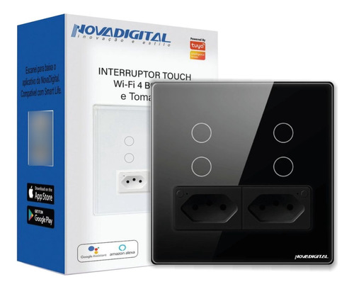 Interruptor Touch 4 Botões 4x4 Wifi + 2 Tomadas Novadigital