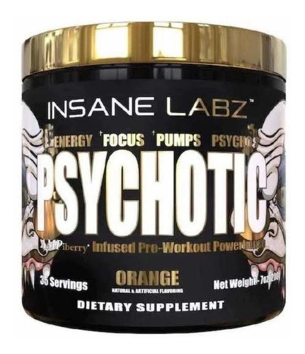 Suplemento en polvo Insane Labz  Psychotic Gold cafeína sabor naranja en pote de 203g