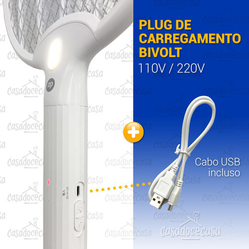 Raquete Elétrica Mata Mosquito Mosca Luz De Led Recarregável Cor Branco