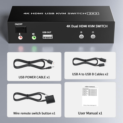 Conmutador Kvm Hdmi 2x2,4k 60 Hz, Comparta 2 Pantallas