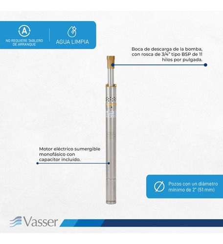 Imagen 4 de 9 de Bomba De Agua Sumergible Pozo Vasser 2 Pulgadas+ Cab 0.5 Hp