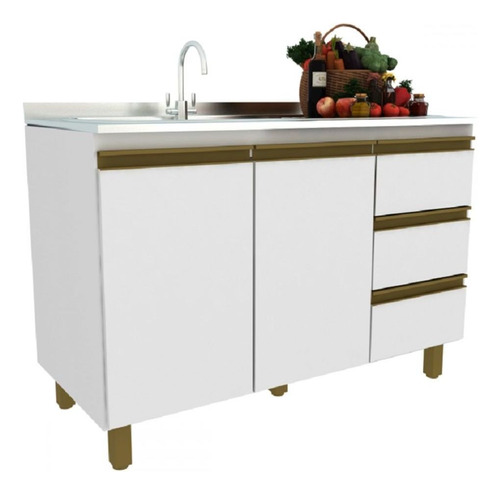 Balcão De Cozinha Yasmim 2 Portas 3 Gavetas Branco/bronze Cor Branco