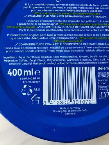 Crema Nivea Formula Alemana 100% Original (400ml)