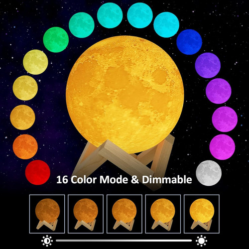 Lámpara De Luna Llena 3d Print Recargable 16 Colores