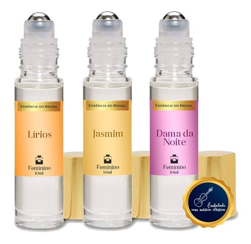 Kit 3 Perfumes Roll On Dama Da Noite, Jasmim E Lírios - 10ml