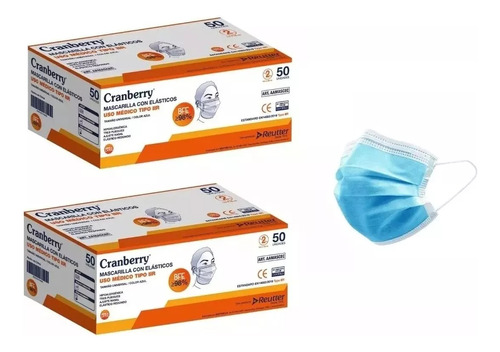 100 Mascarillas 3 Pliegues Uso Médico Certificada Cranberry