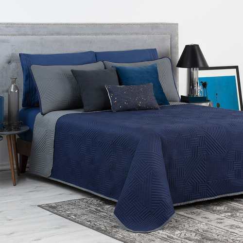 Edredón Ligero Doble Vista Real Textil + 2 Fundas De Almohada, Juego De Colcha Queen Size, Color Azul Marino - Gris Oscuro Azul Marino - Gris Oscuro Liso