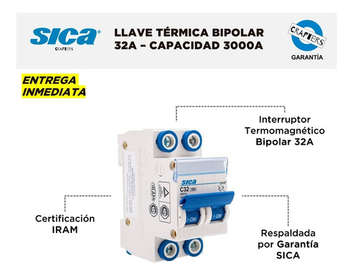 Imagen 2 de 6 de Llave Térmica Sica - Bipolar 32a - Capacidad 3000a - Iram