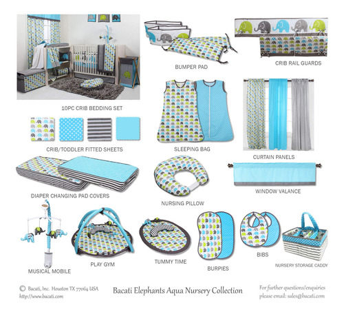 Bacati Elephants Blankets, Aqua With Grey Border Ealgblk1