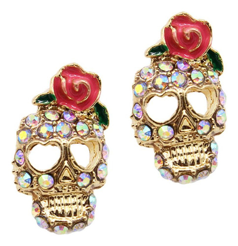 Moda Tono De Oro Mujeres Chicas Cristal Rose Skull Ear Stud