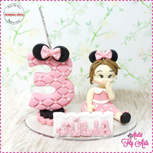 Topo Bolo Personalizado Biscuit Aniversario Minnie Rosa