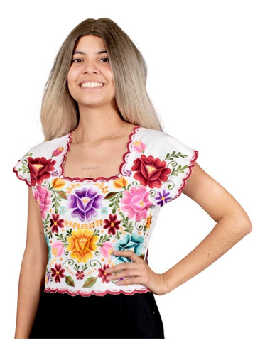 Crop Top Artesanal Yucateca Bordada Blanca Flor Multicolor