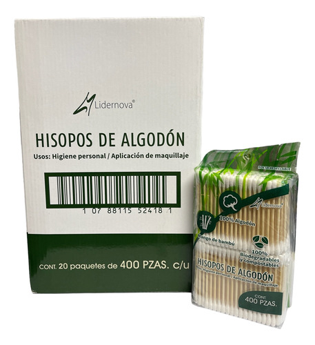 Hisopo Bambú 20 Packs De 400 Pzas Total 8000 Unidades Eco