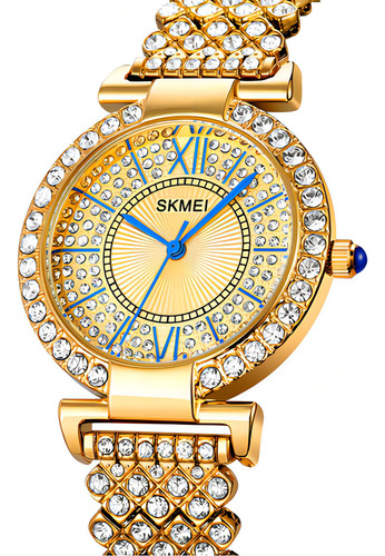 Relógio feminino clássico minimalista e elegante Skmei 1956, cor de malha dourada