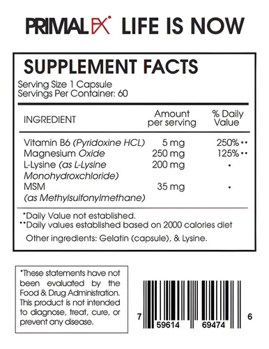 Magnesium + Lysine M6, 60 Capsulas Primal Fx Americano