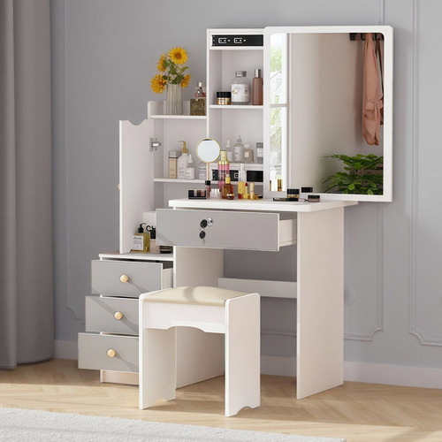 Tocador Multifuncional Con Espejo Led Cómoda Y 4 Cajones Blanco-gris