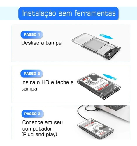 Case Hd Externo Gaveta Para Hd Ssd Sata 2,5 Usb 3.0 Transparente Adaptador Notebook Computador Pc Portátil Para Windows - Ng Soluções