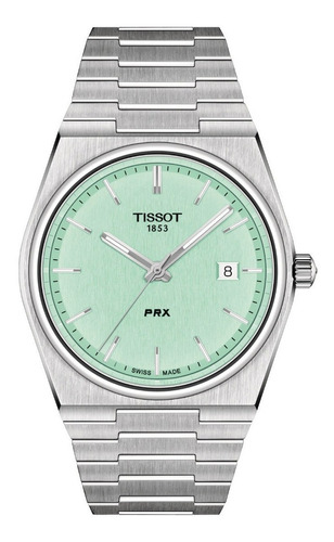 Reloj pulsera Tissot T-Classic PRX de cuerpo color gris, analógico, para hombre, fondo verde, con correa de acero inoxidable color gris, agujas color gris y blanco, dial gris y blanco, minutero/segundero negro, bisel color gris y mariposa