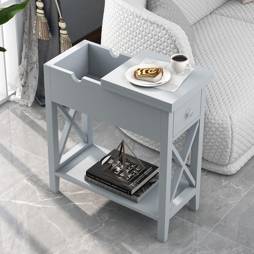 Mesa Auxiliar Abatible Mdf Con Cajón Color Gris Pequeña
