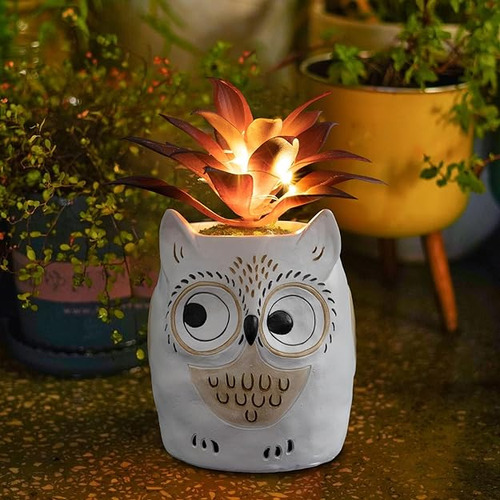 Solar Owl Statue Lamp Lights Succulent Owl Fake Potted Plant