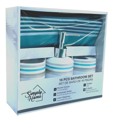 Set De Baño 16 Piezas Incluidas Cortina, Jabonera, Ganchos