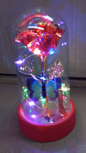 Rosa Eterna Tornasol + Mariposa Con Luz Led Flor Artificial Rojo