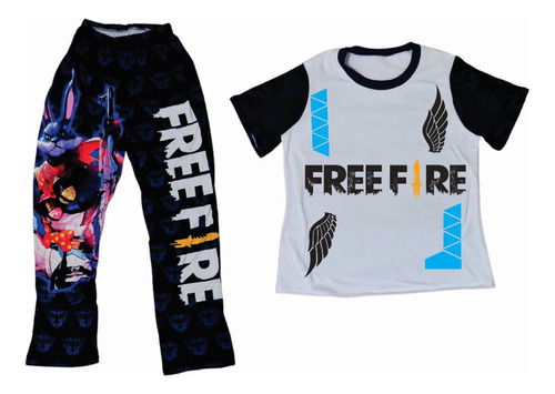 Pijamas Conjunto Free Fire Juego Niños Logo Negro Azul