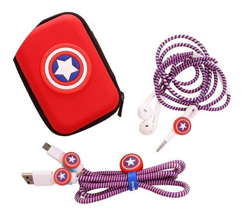 Kit Protector De Cable Capitán America + Estuche Super Heroe