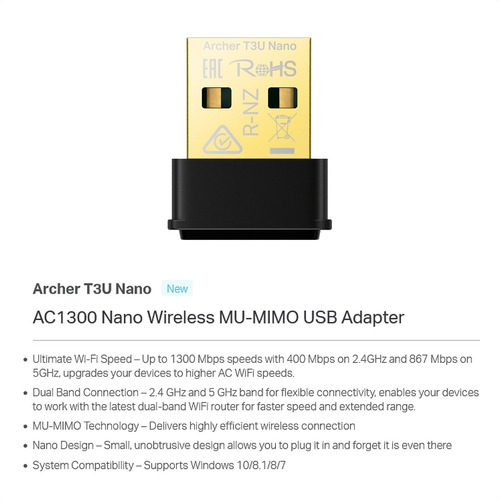Adaptador Usb Wifi Dual Band Ac1300, Tp-link Archer T3u Nano