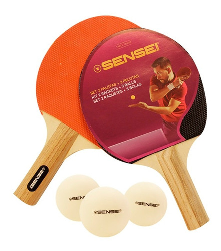 Imagen 1 de 7 de Set Ping Pong 2 Paletas + 3 Pelotas Tenis Mesa Sensei Juego