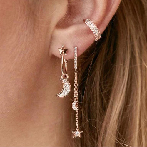 Conjunto Set 3 Piezas Aretes Pendientes Luna Estrella