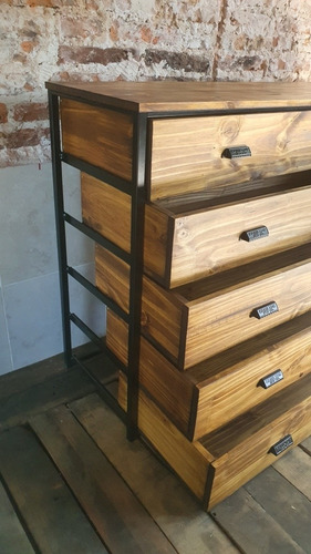 Imagen 5 de 9 de Mueble Cómoda Industrial 5 Cajones Madera Alistonado Hierro