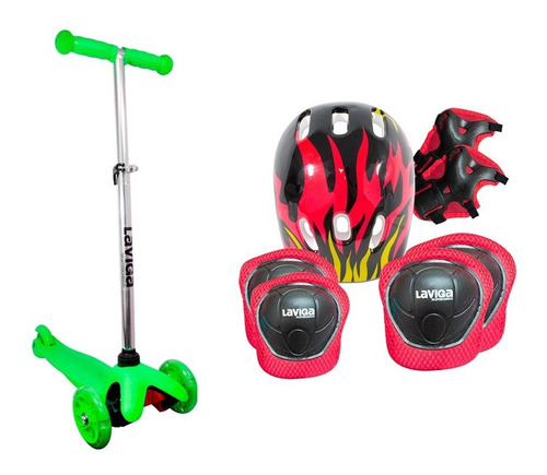 Scooter Patín Diablo Infantil+casco Protecciones 3 A 6 Años Color Verde/negro