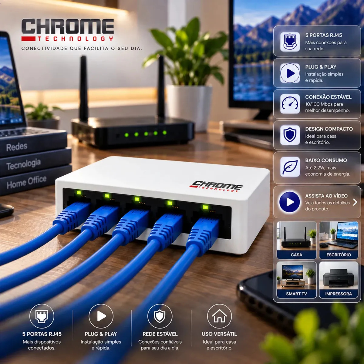Switch 5 Portas 10/100 Mbps Hub Rede Ethernet RJ45 LAN Internet Bivolt Plug Play Roteador Computador Notebook Expansor Distribuidor Conexão Chrome Technology