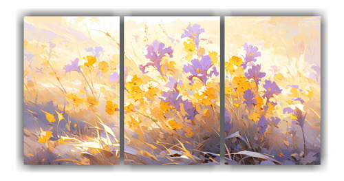 90x45cm Pintura Abstracta De Flores Amarillas Y Moradas En L