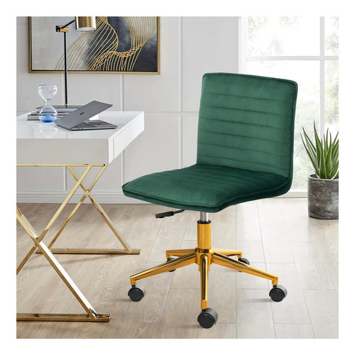 Silla De Oficina Giratoria Terciopelo Verde Con Base Dorada