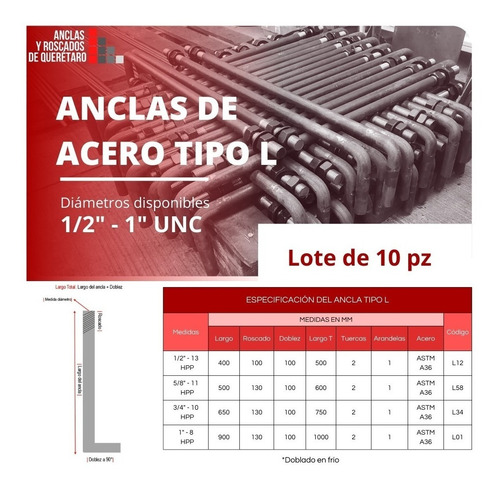 Ancla De Cimentación Tipo L De 1/2  A36 Lote 10 Piezas