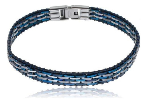 Bracelete Rosso Aço 21cm Fita Trançada Azul E Steel