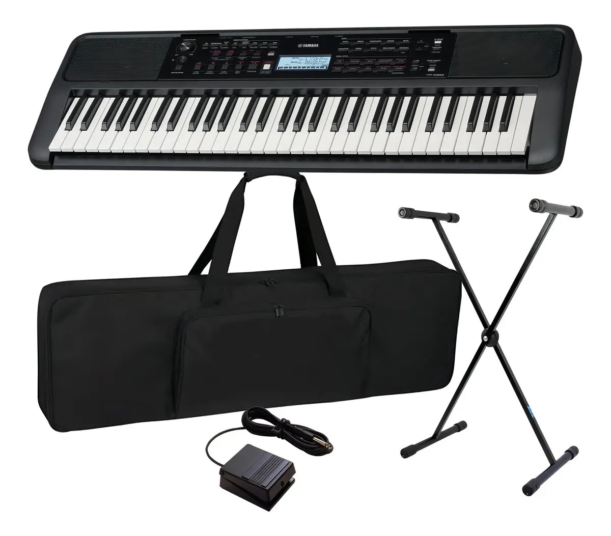 Kit Teclado Yamaha Psr-e383 Con Base, Pedal Y Estuche Negro