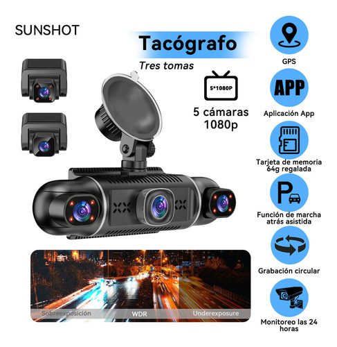 1080p Camera For Auto Dash Cam 5 Camera Gps Wifi App + 64 gb Passengers Monitoring In The Automóvil
